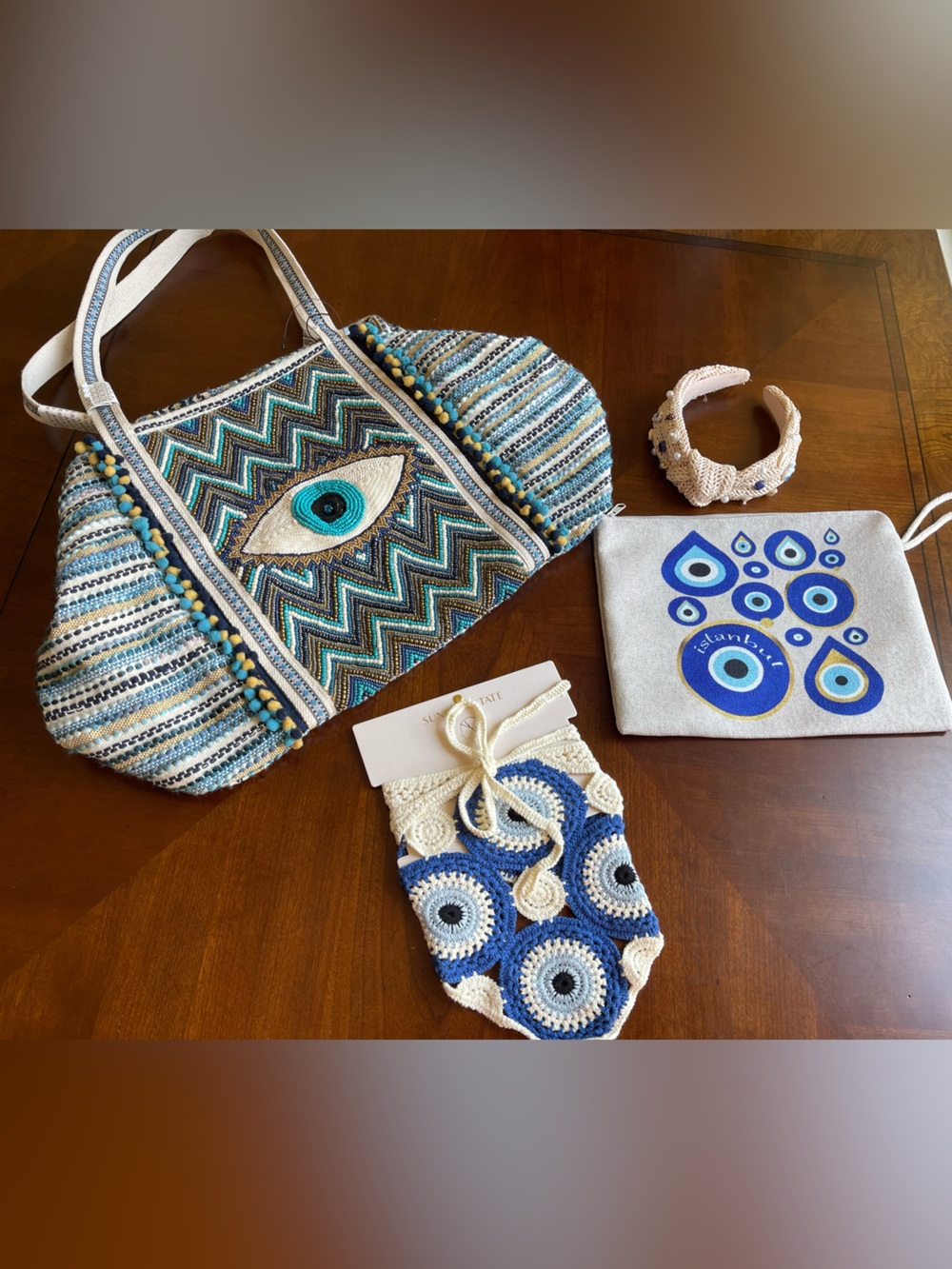 NWT everything evil eye lot of four tote, bandana, hair accessory and makeup bag